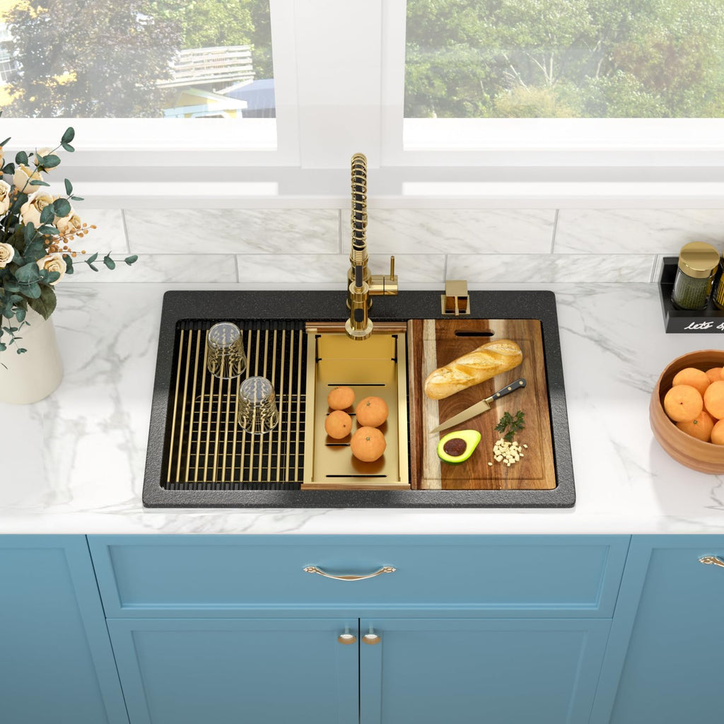33 Black Granite Composite - 33"x22" Drop In Ledge Workstation Black Granite Quartz Composite Top-Mount Single Bowl