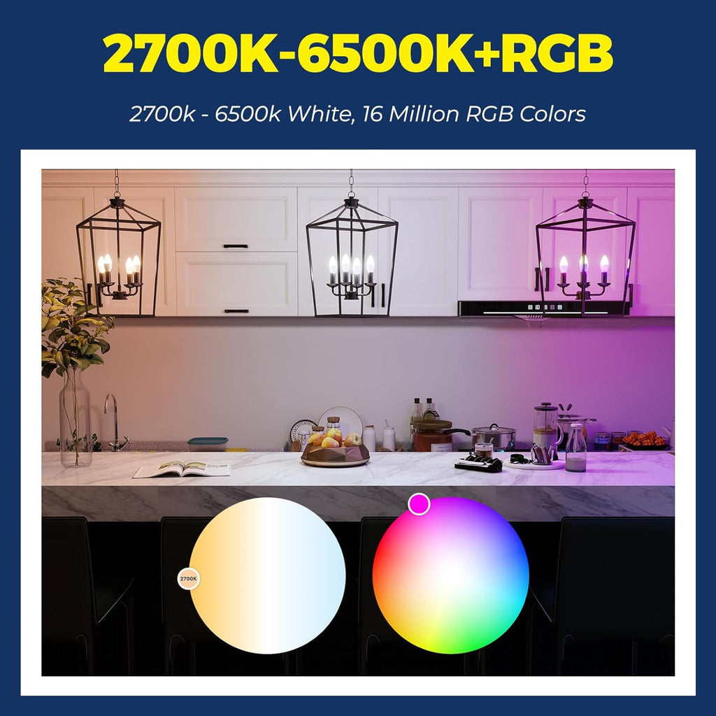 E12 Smart Light Bulbs 60W Equiv., Work with Alexa/Google Home/SmartLife, 500LM 6W RGBCW Candle Candelabra LED Bulbs