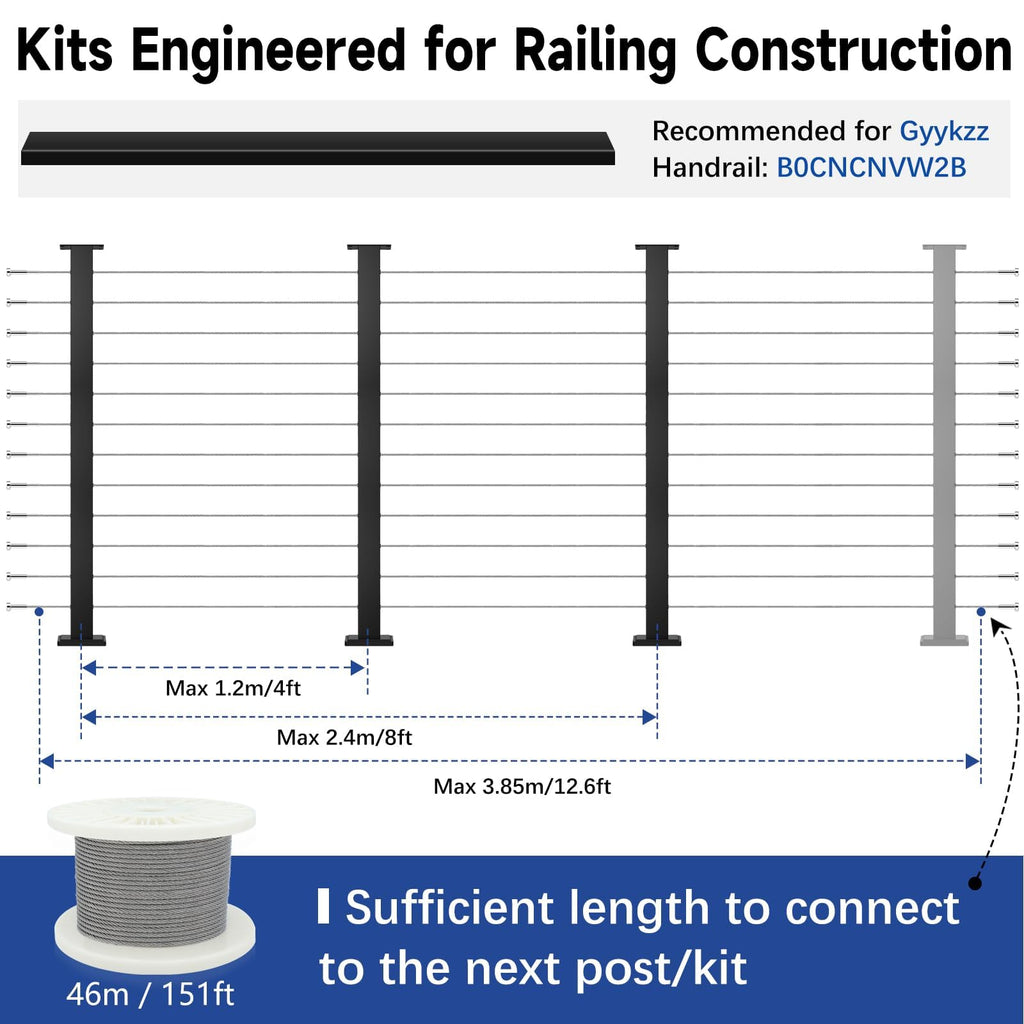 8-12 FT Modular Cable Railing Post Kit for Deck Surface Mount 42Inch