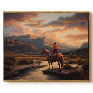 Western Cowboy Framed Canvas Wall Art 16x20 Inch, Horse Rider at Sunset Print Rustic Mountain Landscape Painting