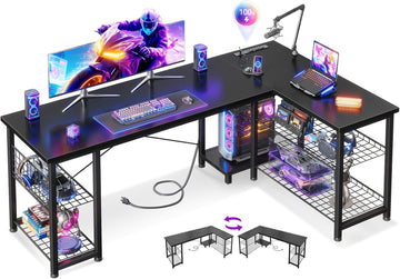 59 Inch L Shaped Gaming Desk with Shelves & Power Outlets | Black Reversible Computer Desk with Storage Shelves