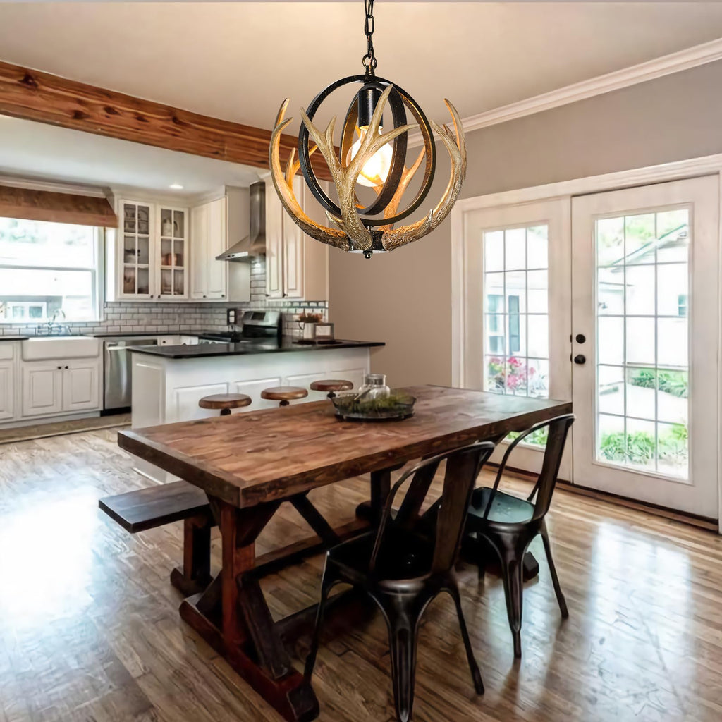 Rustic Antler Chandelier with Resin 4 Antlers and Retro Globe Light Fixture