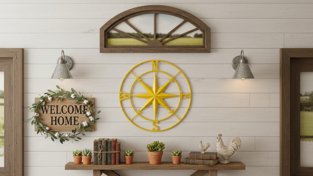 Nautical Metal Compass Wall Decor, 41 inches, Indoor/Outdoor (Gold)