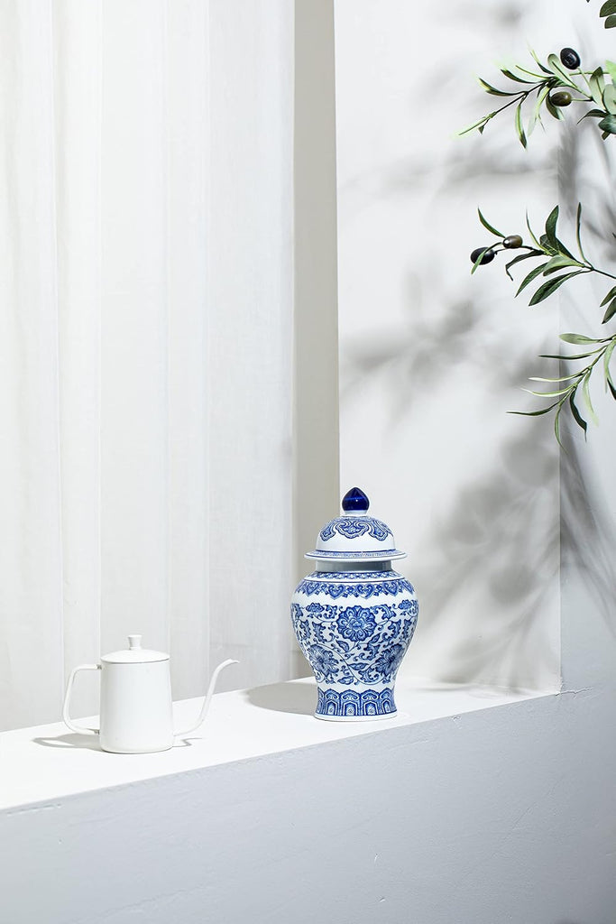 Blue and White Ginger Jar, Ceramic Chinoiserie Decorative Jars, Flower Vase Pocelain, Glossy Vase for Table, Living