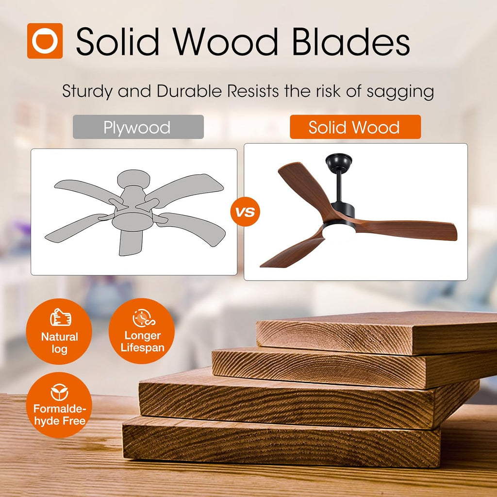 52 inch Ceiling Fans with Lights and Remote Control, Reversible, 3 Wood Blades, 6 Speeds, 5CCT Dimmable, Noiseless, Indoor/Outdoor Black Walnut Ceiling Fan for Bedroom Living Room Gazebo Patio A103-B0DY7M989Q
