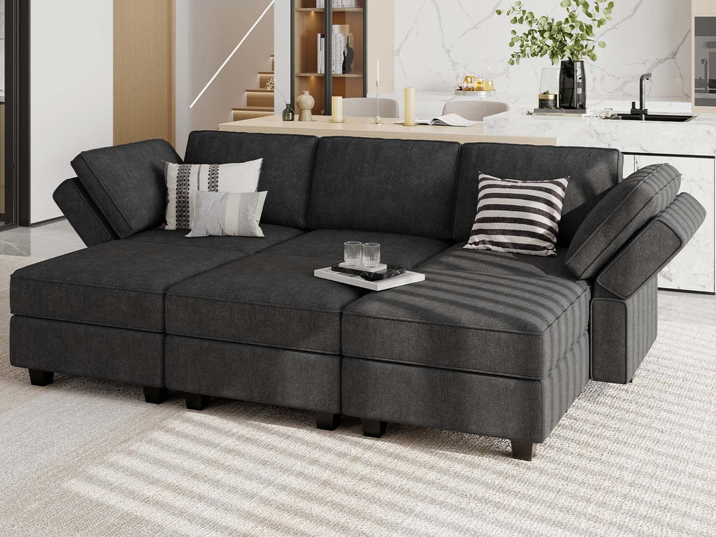 Terry Fabric Modular Sectional Sleeper Sofa Bed with Storage Convertible Sectional Couches 6 Seaters Black Modular