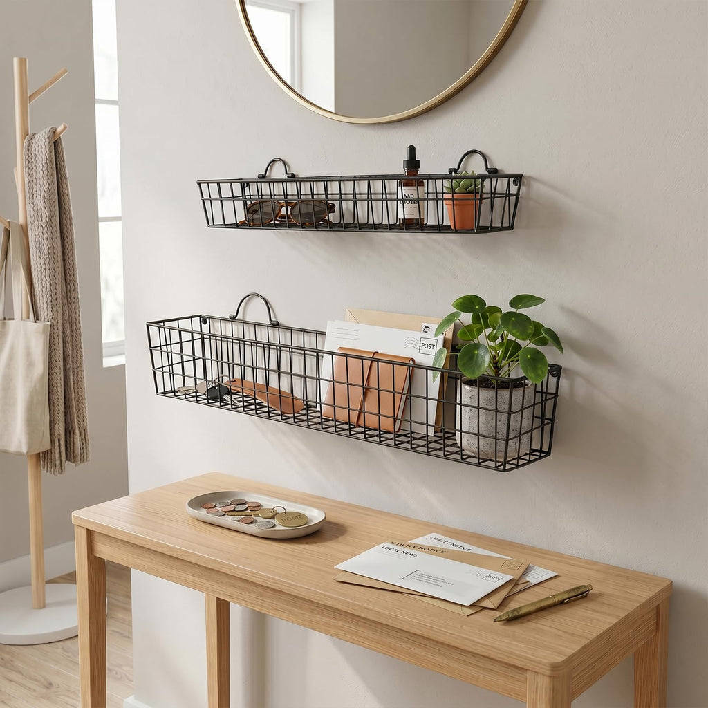 2pcs 30-Inch Wire Baskets for Storage and Organization, Rustic Black Wall Mounted Metal Display Racks