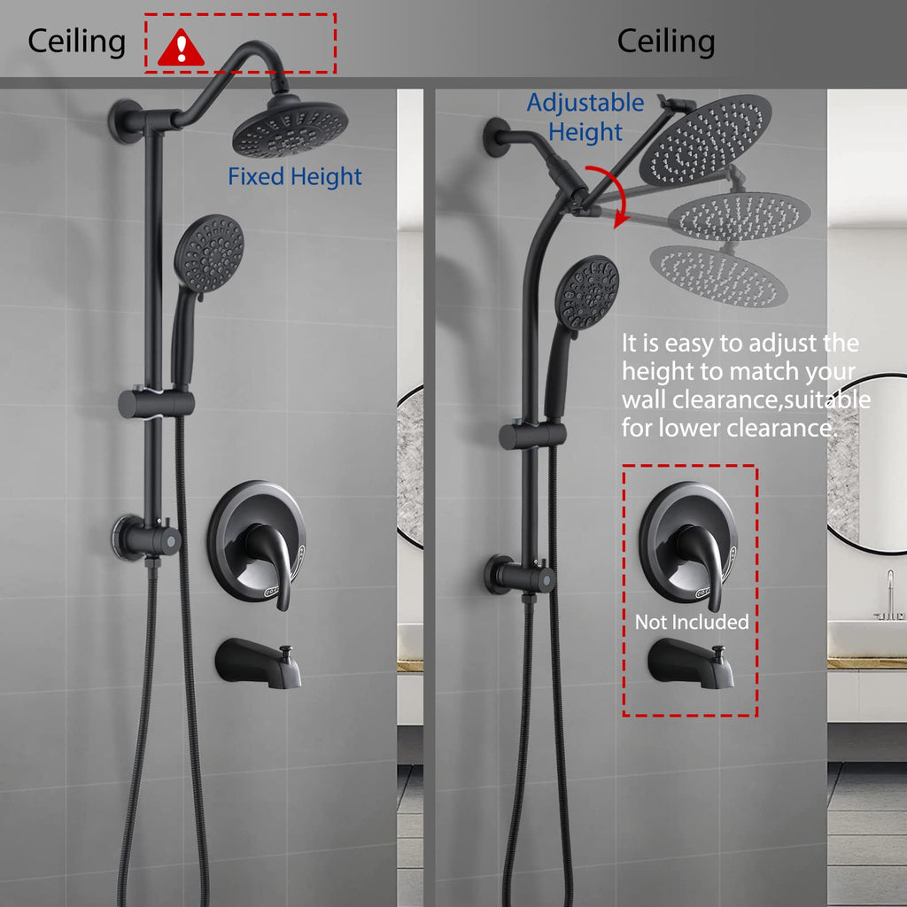 Rainfall 8 Inch Round Shower Head with High Pressure Handheld Spray Combo, Drill-Free Slide Bar with Adjustable