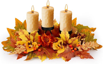 Fall Thanksgiving Centerpiece with 3 Candle Holders Harvest Table Centerpiece Decorations Autumn Maple Leaves - Set of 3