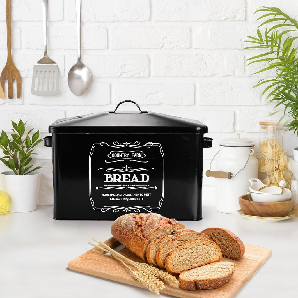 Metal Bread Box with 3 Kitchen Canisters Set, Large Black Farmhouse Bread Tin Countertop, Coffee Tea Sugar Canister - Set of 4