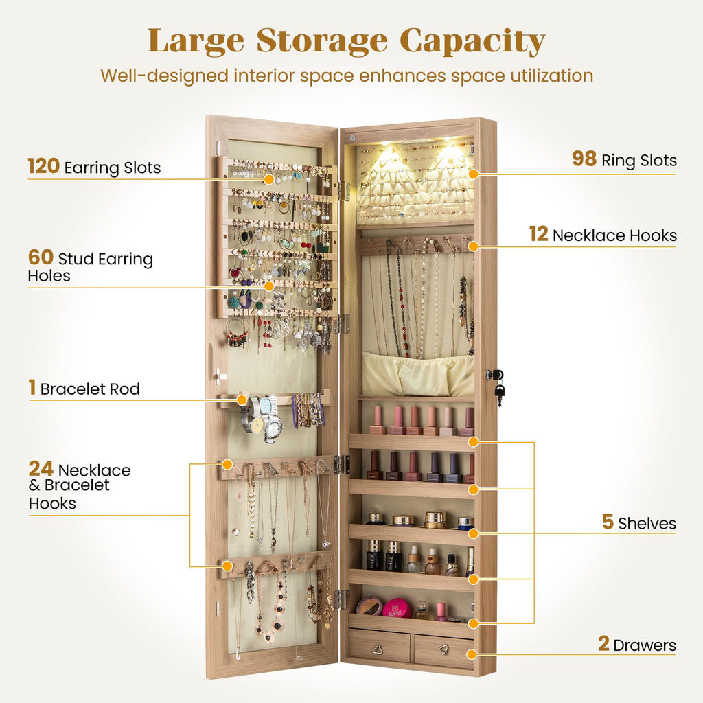 Wall or Door Mounted Jewelry Armoire with Full Length Mirror, 47.5"