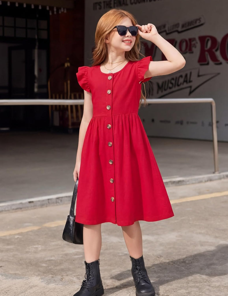 Girls Dress Flutter Sleeve Button Summer Sundress with Pockets