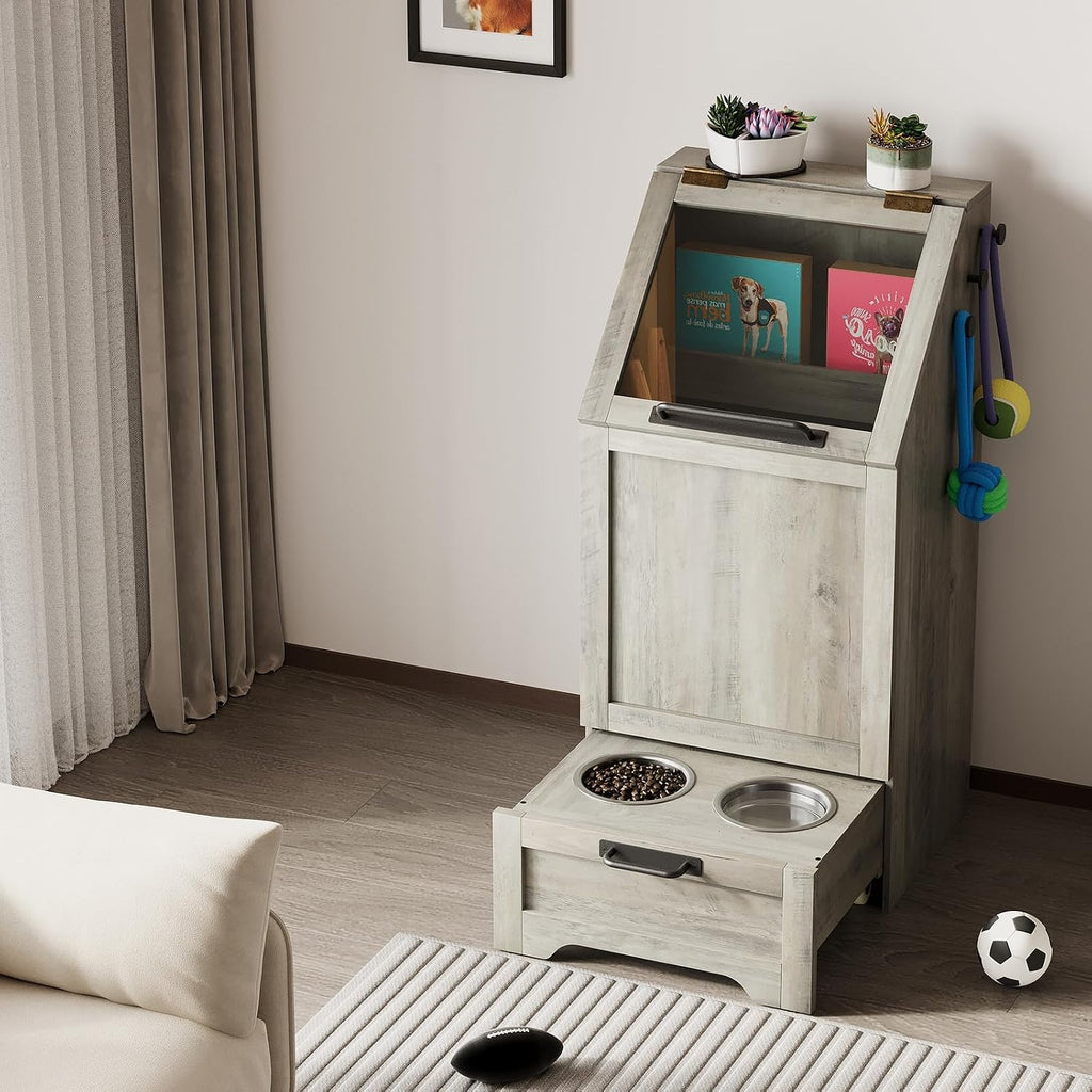 Dog Feeding Station, with Pet Feeding Station, Flip Top Dog Food Storage Cabinet, 2 Elevated Bowls, Includes 3 Hooks