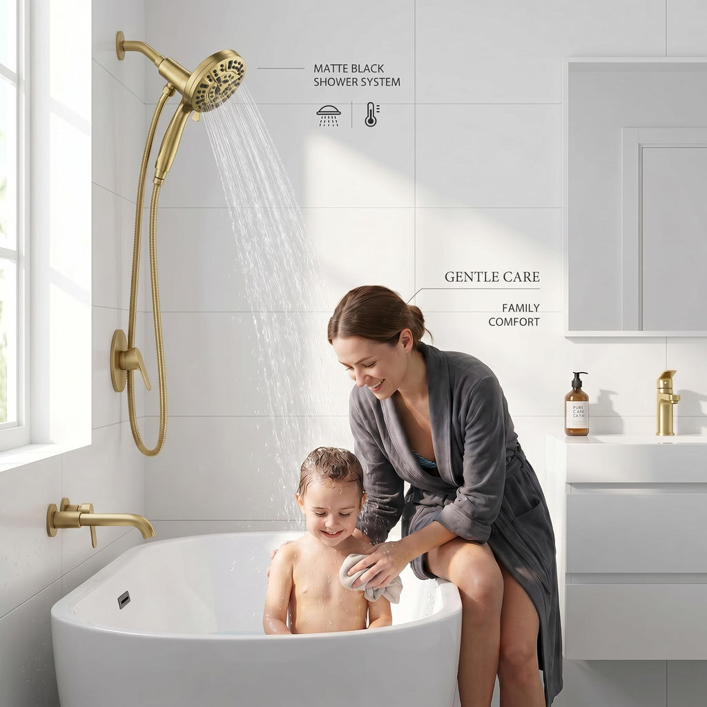 High Pressure Handheld Shower Head Brushed Gold- Anti-clog Nozzles, Built-in Power Wash to Clean Tub, Wall & Overhead
