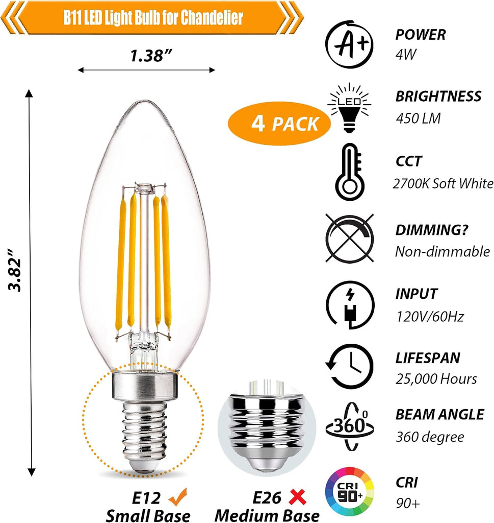 LED Candelabra Bulbs 40W Equiv, 2700K Soft White, Non-Dim, 4 Pack