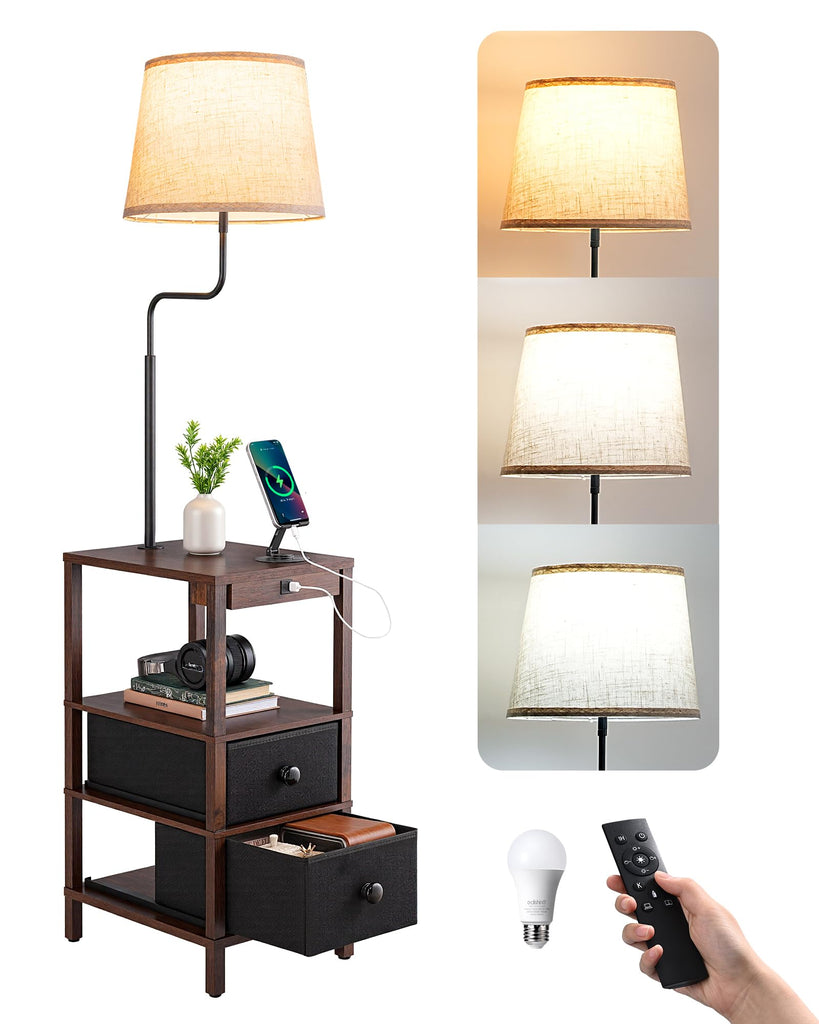 Floor Lamp with Table Dimmable USB Type-C Ports, Fire-Burned Wood