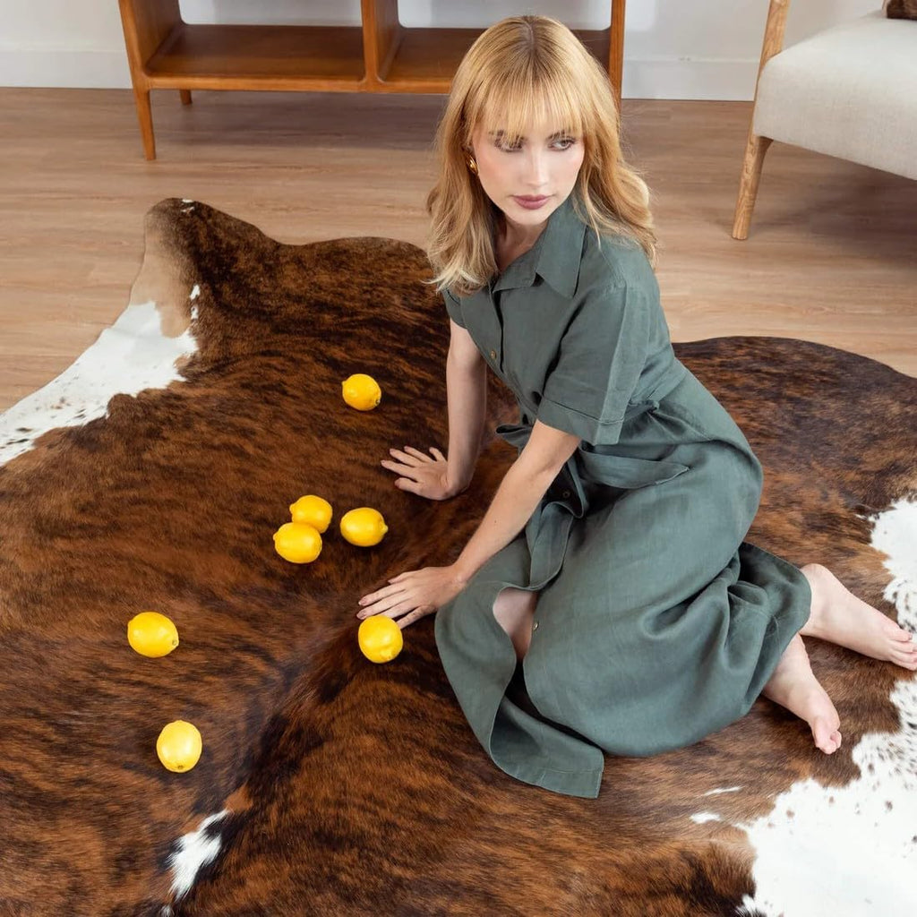 100% Genuine Brazilian Cowhide Rug, Brindle White Belly, One-of-a-Kind Real Hide, Luxury Cowskin Leather Area Rug