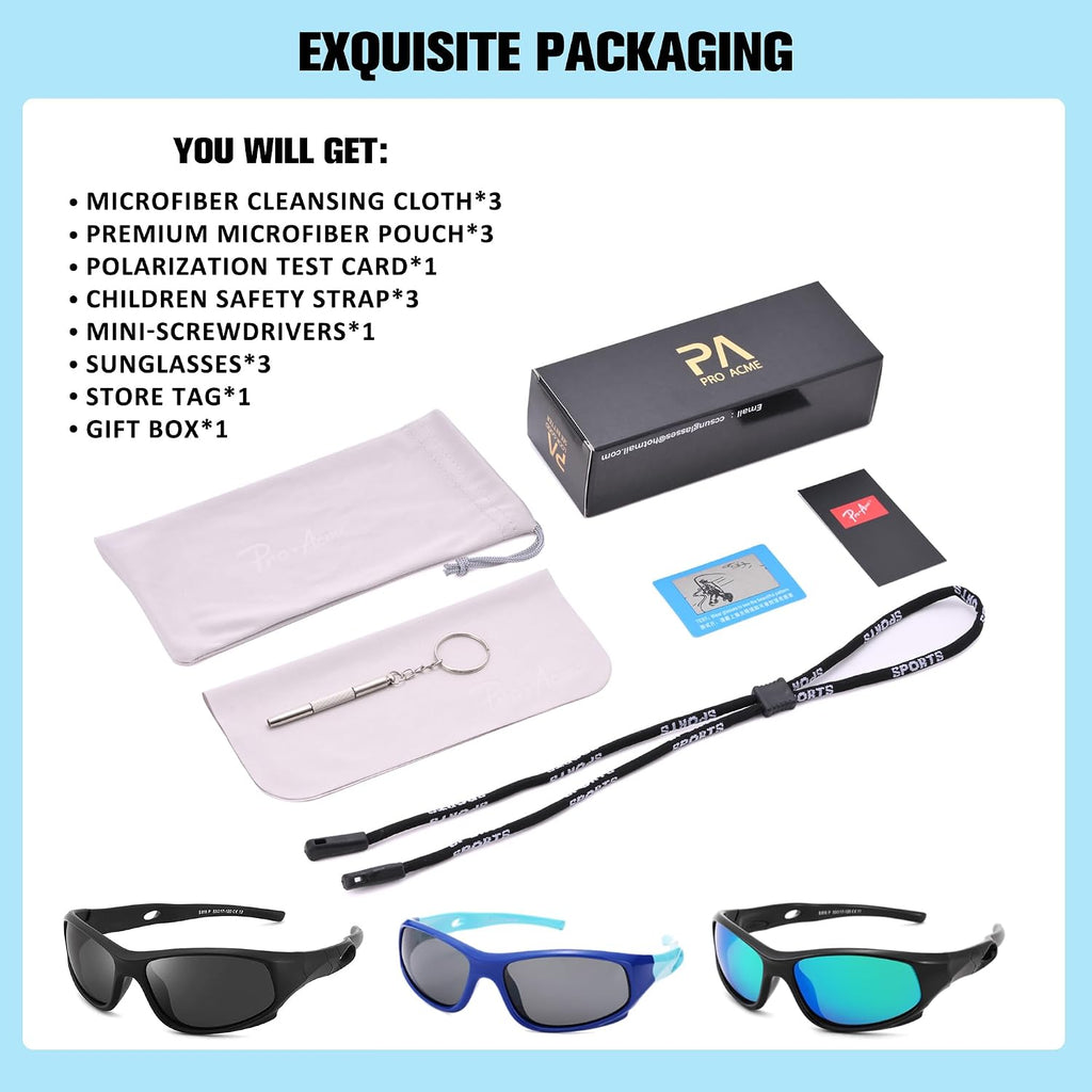 Kids Sunglasses for Boys Girls, Polarized Sports Youth Sunglasses with Strap for Kids Ages Color
