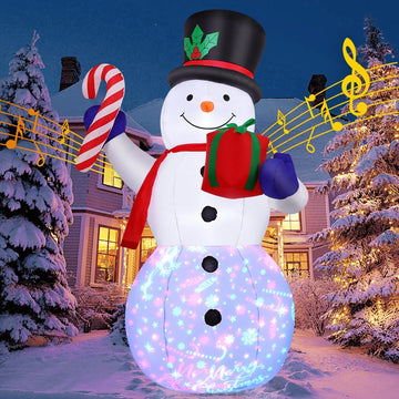 8 FT Christmas Inflatables Snowman and Gift Box with Built-in Music & 360° Rotation Colorful Projector LED Light