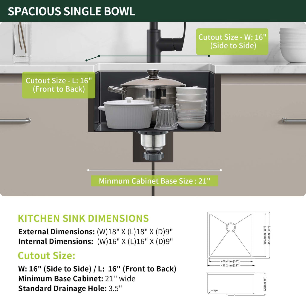 18-Inch Black Undermount Bar Sink, Stainless Steel Single Bowl