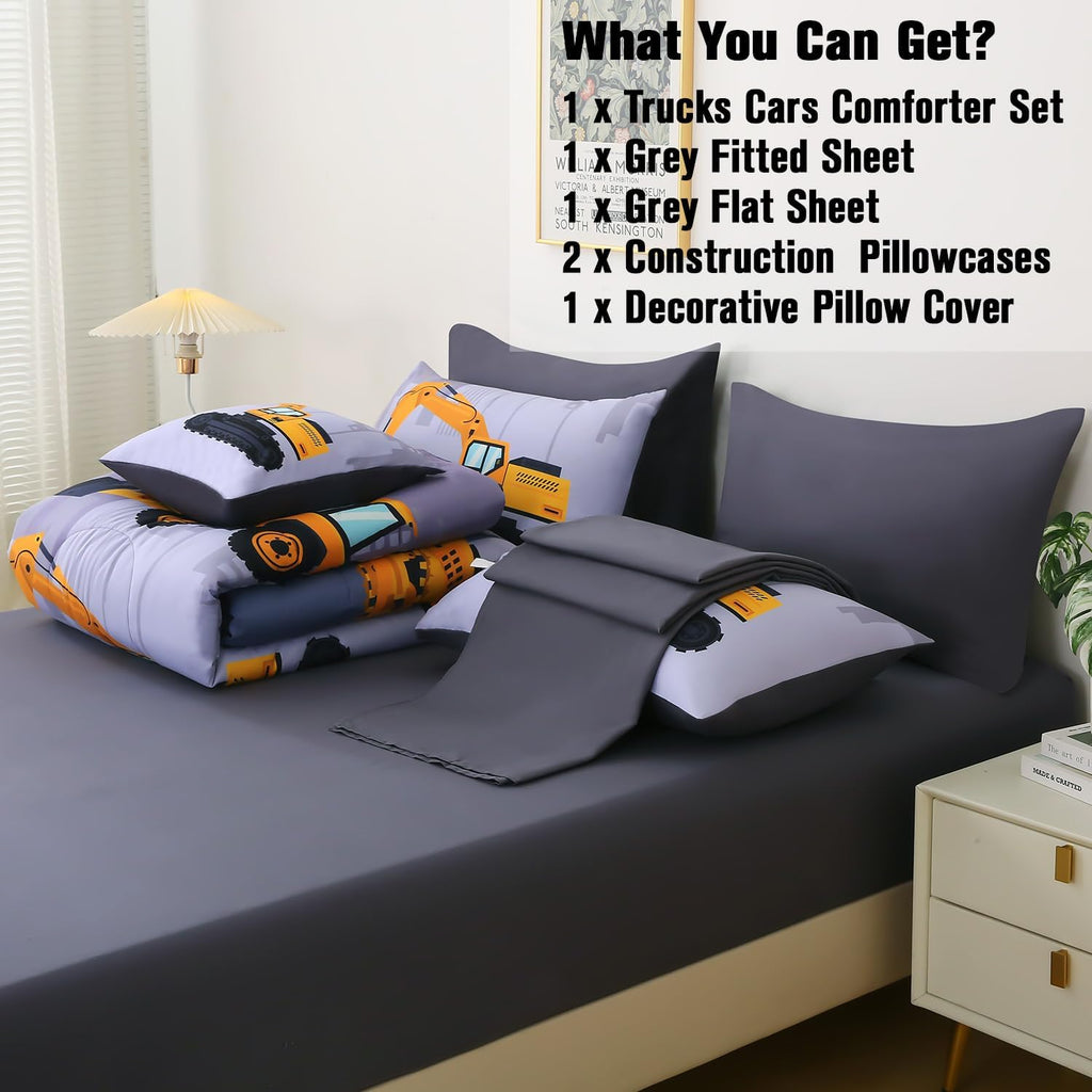 Construction Twin Bedding Sets for Boys Kids,6 Piece Bed in A Bag 3D Cartoon Car Excavator Tractor Comforter Set with Sheet Set,Trucks Cars