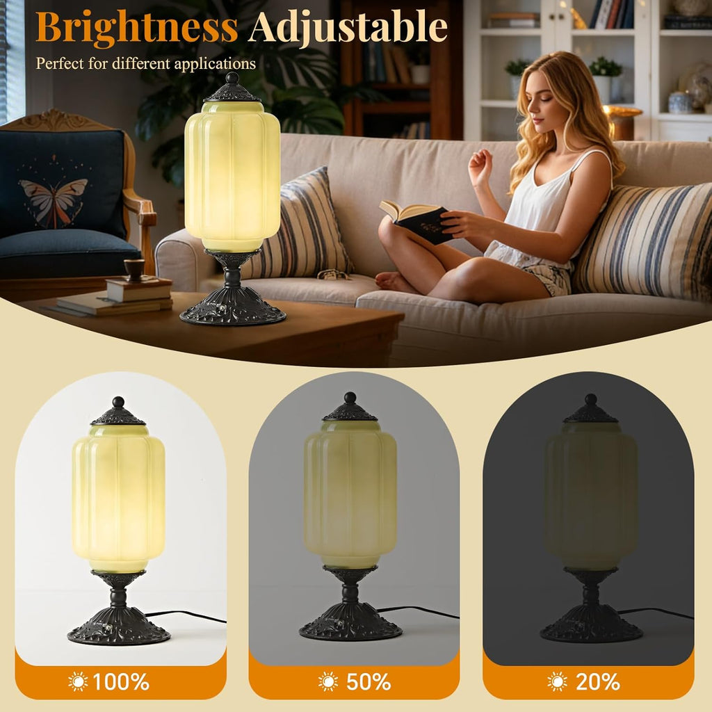 Milk Glass Table Lamp, Touch Control with USB Charging Port Vintage Bedside Desk Lamp Stepless Dimming Living Room
