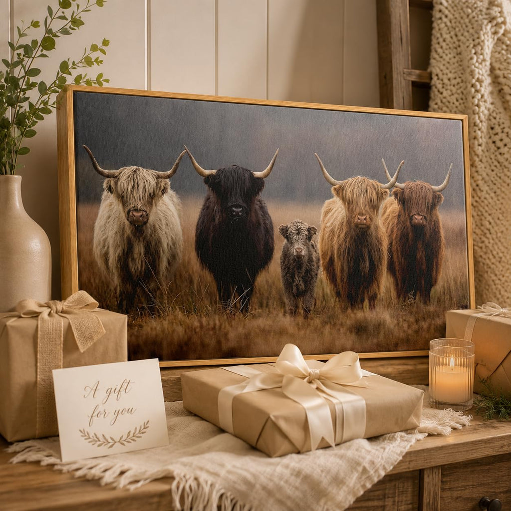 Framed Highland Cow Family Farmhouse Canvas Wall Art 16x32 Inch