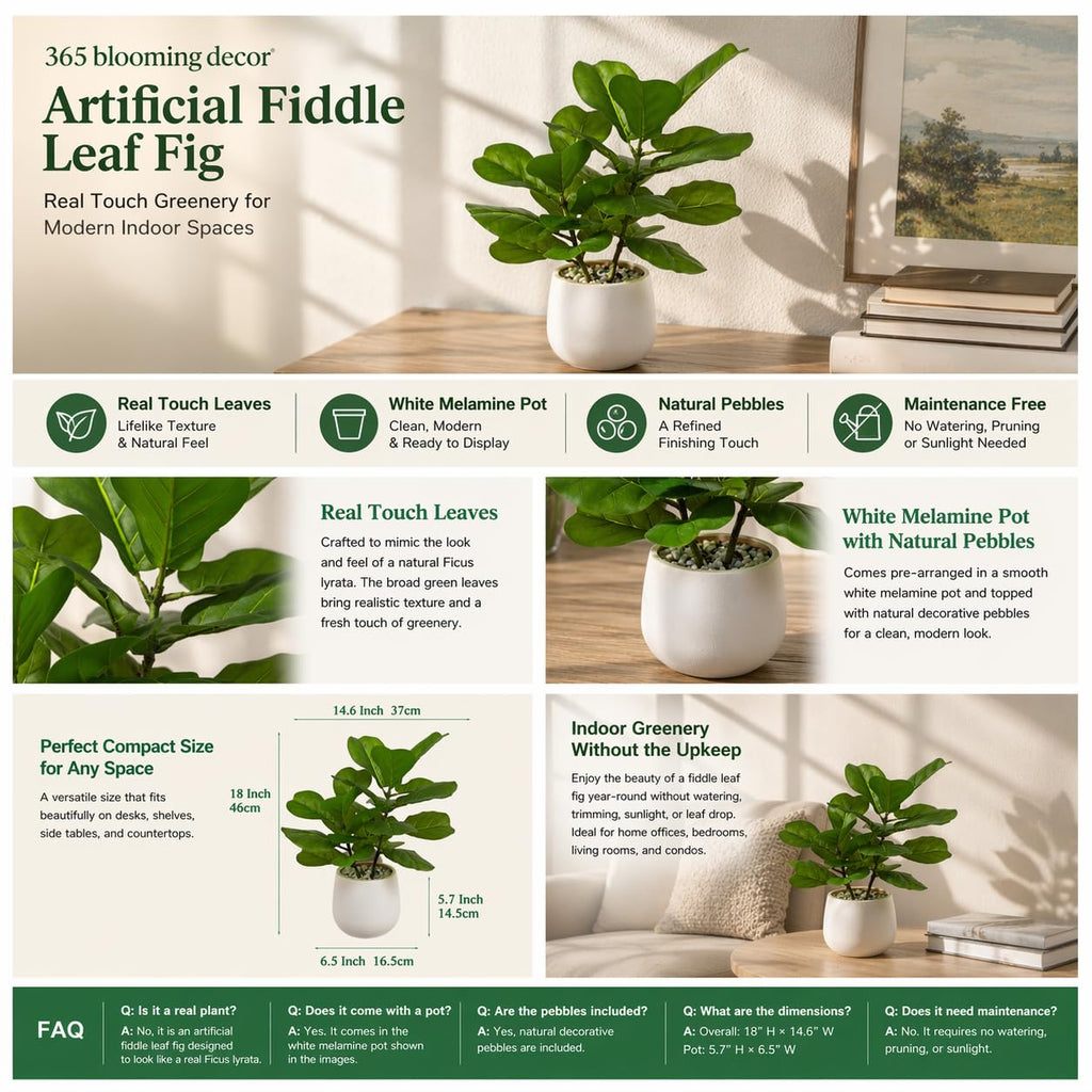 18" Artificial Fiddle Fig Plant in White Modern Pot, Real Touch Ficus Lyrata with Natural Pebbles, Faux Indoor