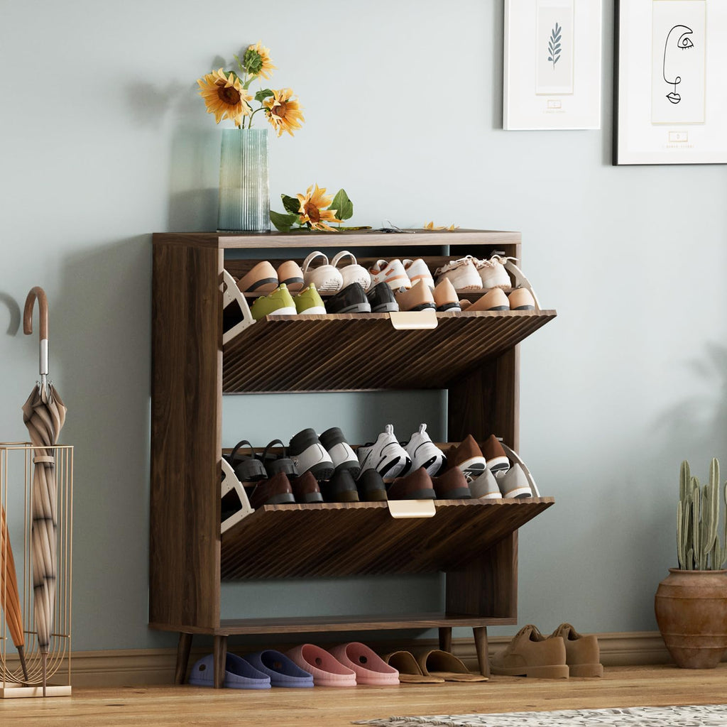 Shoe Cabinet Storage, Modern Freestanding Organizer with 2 Flip Drawers, Narrow Shoe Rack , Walnut