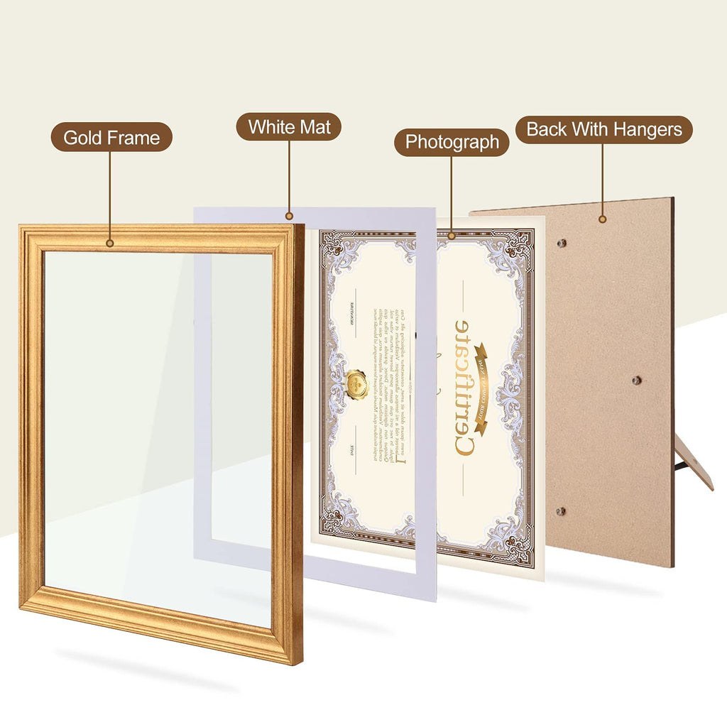 8.5 x 11 Picture Frames with Mat, Gold 8.5x11 Document Certificate Diploma Award Photo Frame Set for Wall or Tabletop