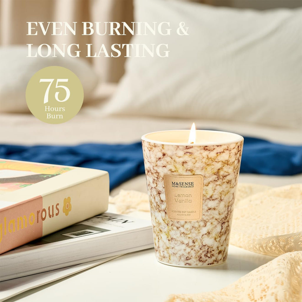 Lemon Vanilla Scented Soy Candle, 3 Wick Highly Scented 14.1 Oz 75H, Aromatherapy Christmas Gift for Women and Men