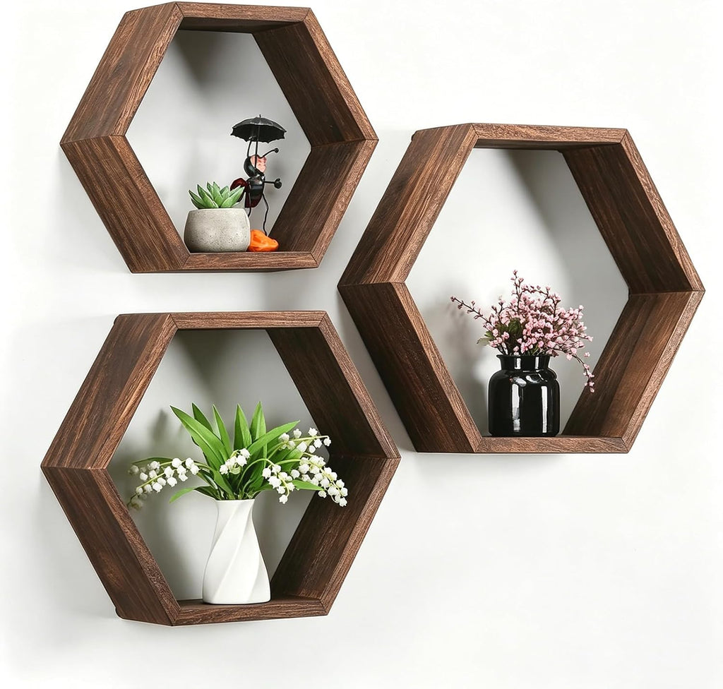 Hexagon Floating Shelves, Set of 3 Wall Mounted Honeycomb Display Shelf, Wood Hexagonal Hanging Storage Bedroom
