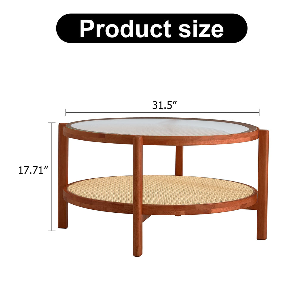 Chinese Style Coffee Table, 34.64" Log Style Faux Rattan Round Double-Layer Solid Wood Coffee Table with Craft Glass