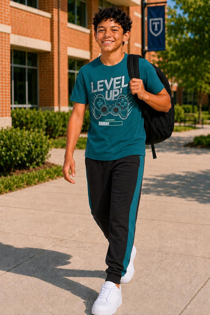 Boys Pants Set - 3 Piece Active Short Sleeve Graphic Tees Athletic Shorts and Jogger Sweatpants for Boys