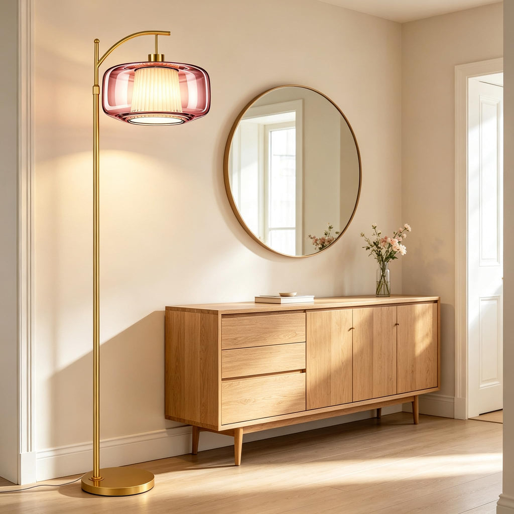 Pink Floor Lamp, Gold Dimmable Standing Lamp with Remote, Mid Century Modern Brass Tall Lamp Boho Floor Lamps Arc