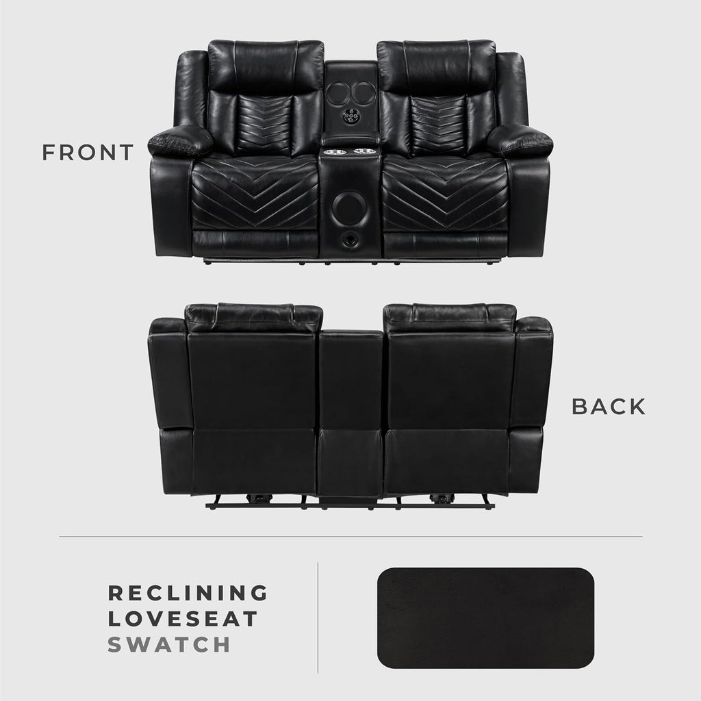 Lexicon Wall Hugger Power Double Reclining Loveseat with Console, Faux Leather Home Theater Seating with LED Lighting