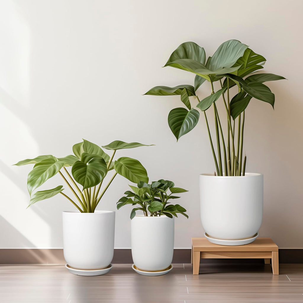 Plant Pot 12 inch - Ceramic Pot for Plants Indoor Outdoor Large Planter Pot with Drainage Hole and Saucer Mid-Century