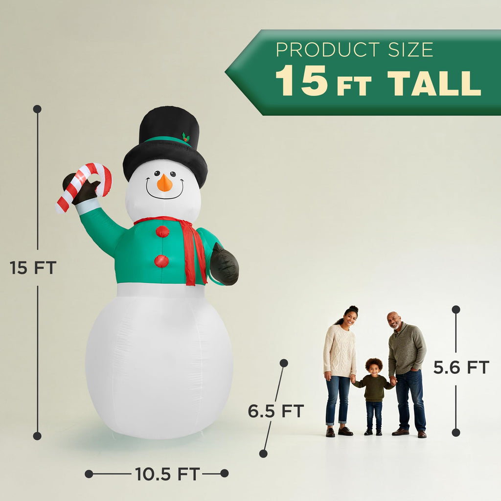 15 FT Christmas Inflatables Snowman Outdoor Decorations, Blow Up Snowman with Candy Cane Yard Decor for Garden Lawn