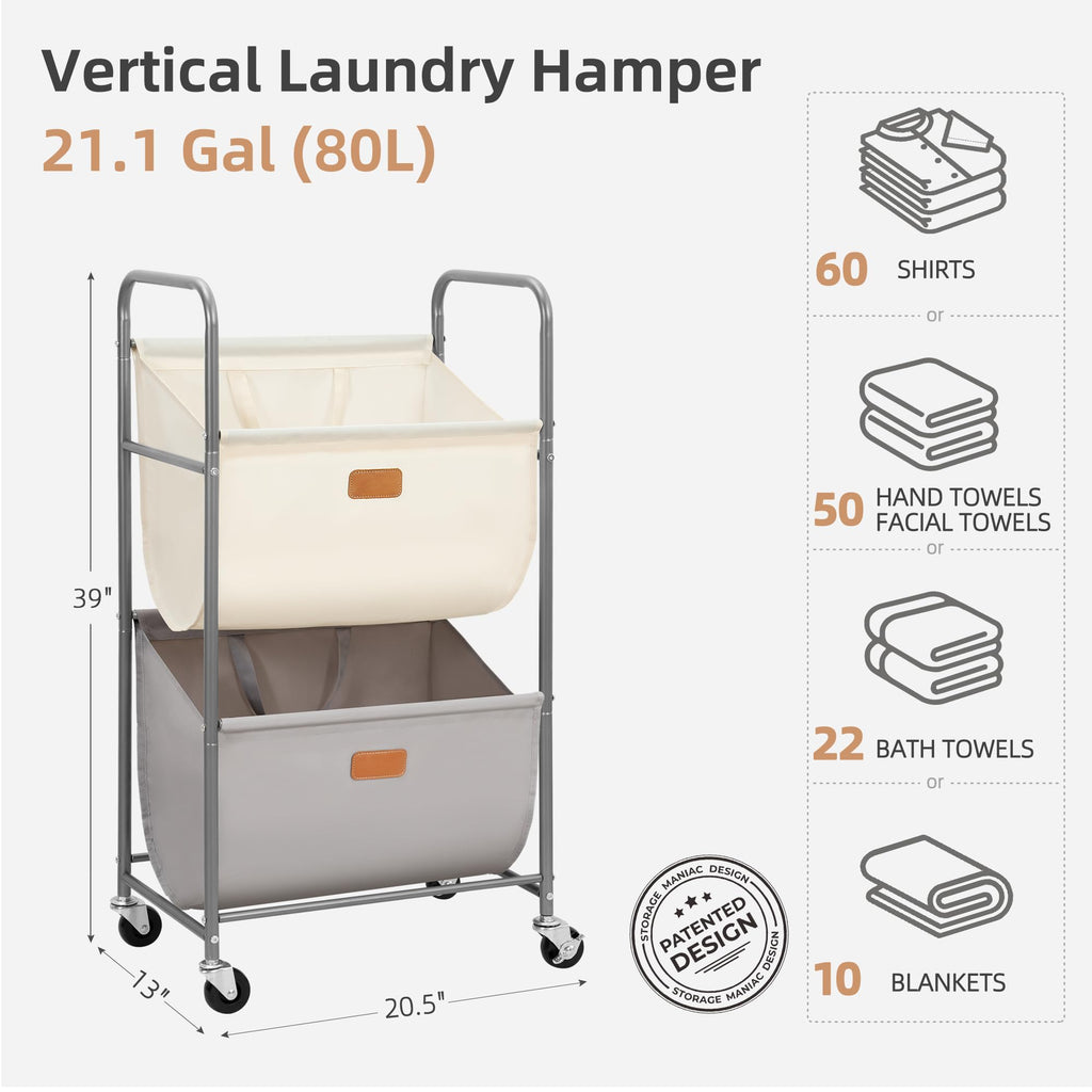 80 Liters Vertical Rolling Laundry Hamper, 2 Section Laundry Sorter with Wheels and 2 Breaks, 2-tier Laundry Baskets