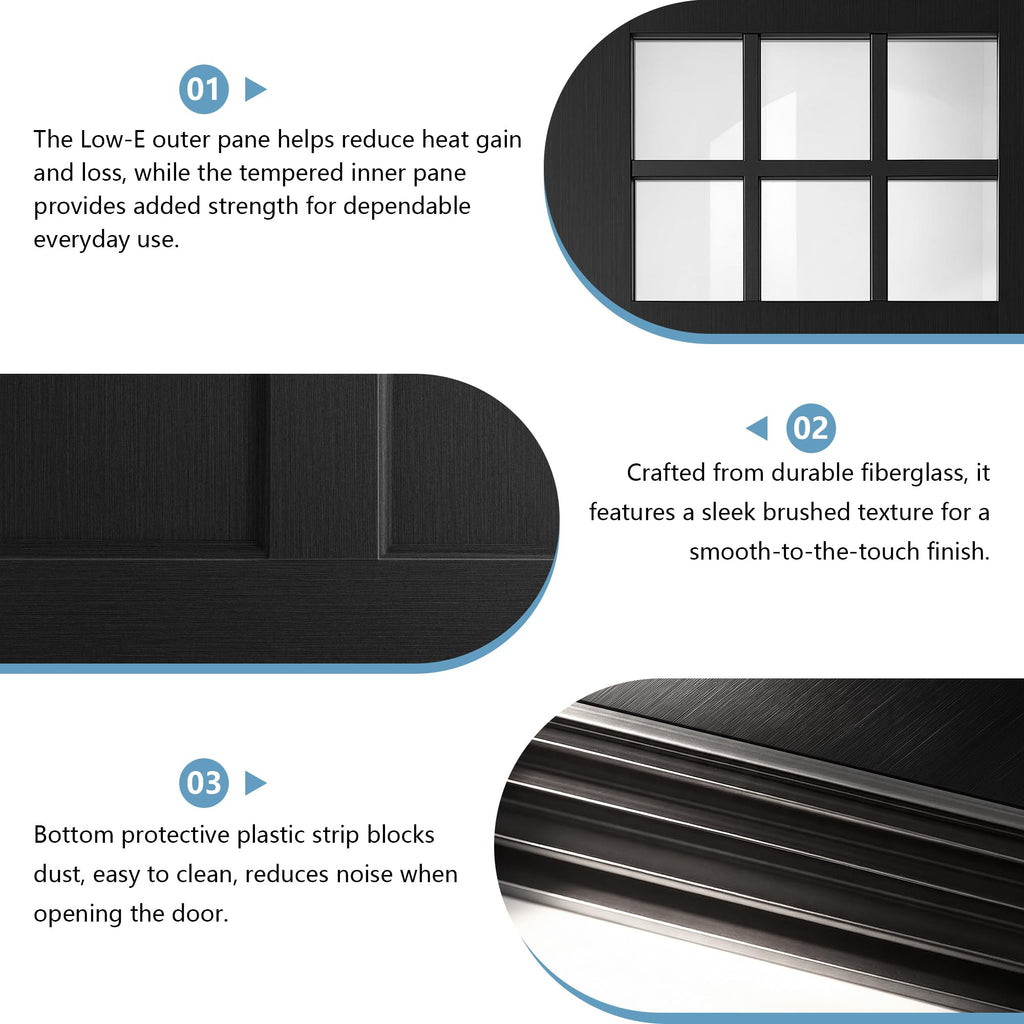 36" x 80" Black 6-Lite Fiberglass Entry Door, Left-Hand Inswing