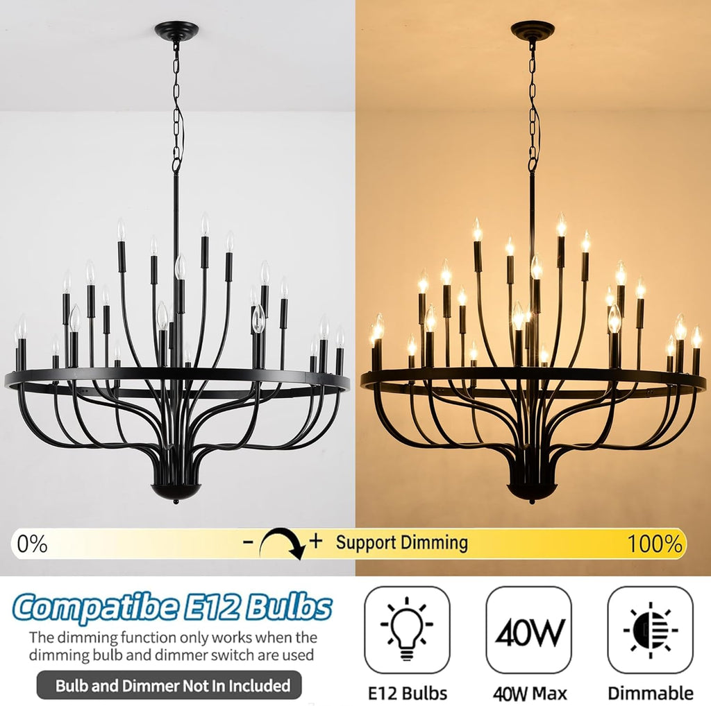 Black Chandelier 24-Light Industrial Iron Candle Chandelier Modern Suspended Farmhouse Chandeliers Pendant Light Fixtures for Dining Room Bedroom Living Room Kitchen Island Foyer E12 Bulb A109-B0CNG27665