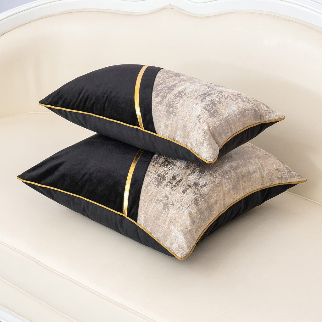 18 x 18 Inch Black Beige Gold Leather Patchwork Velvet & Polyester Cushion Case Luxury Modern Square Throw Pillow