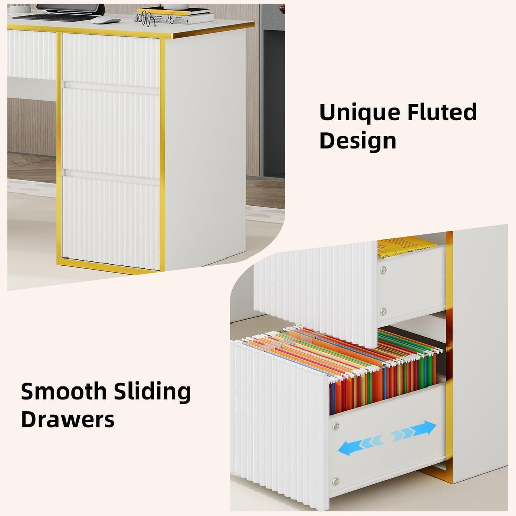 47-Inch Fluted Computer Desk with 4 Drawers, White and Gold
