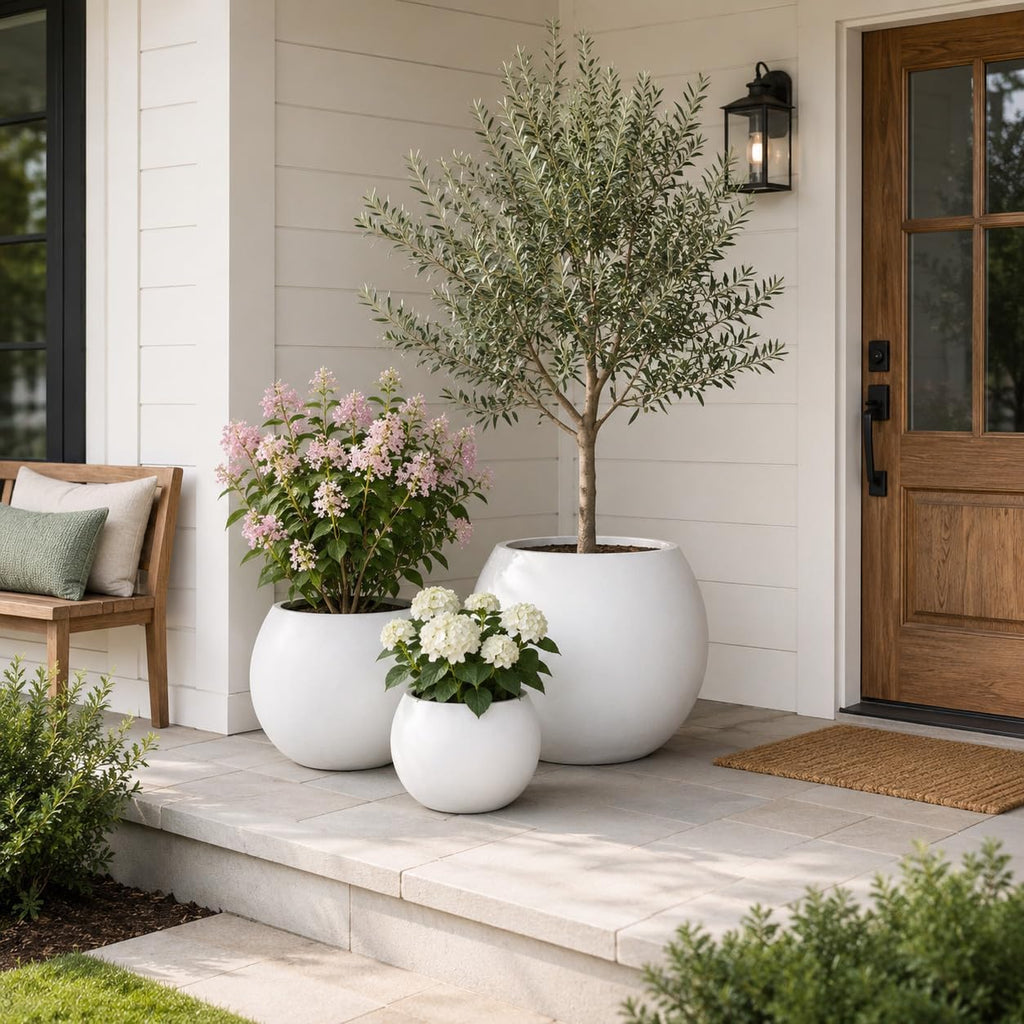 17" H x 21" Dia Round White Fiberstone Planter Pot with Drainage Hole, Extra Large Lightweight UV-Resistant Planter