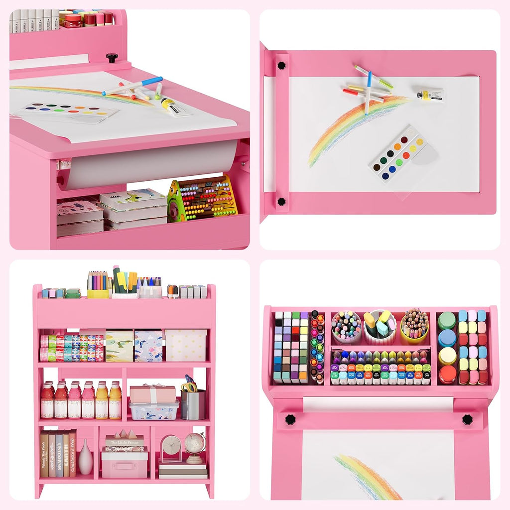 49'' Kids Art Table,Craft Desk with 2 Chairs & Storage Shelves