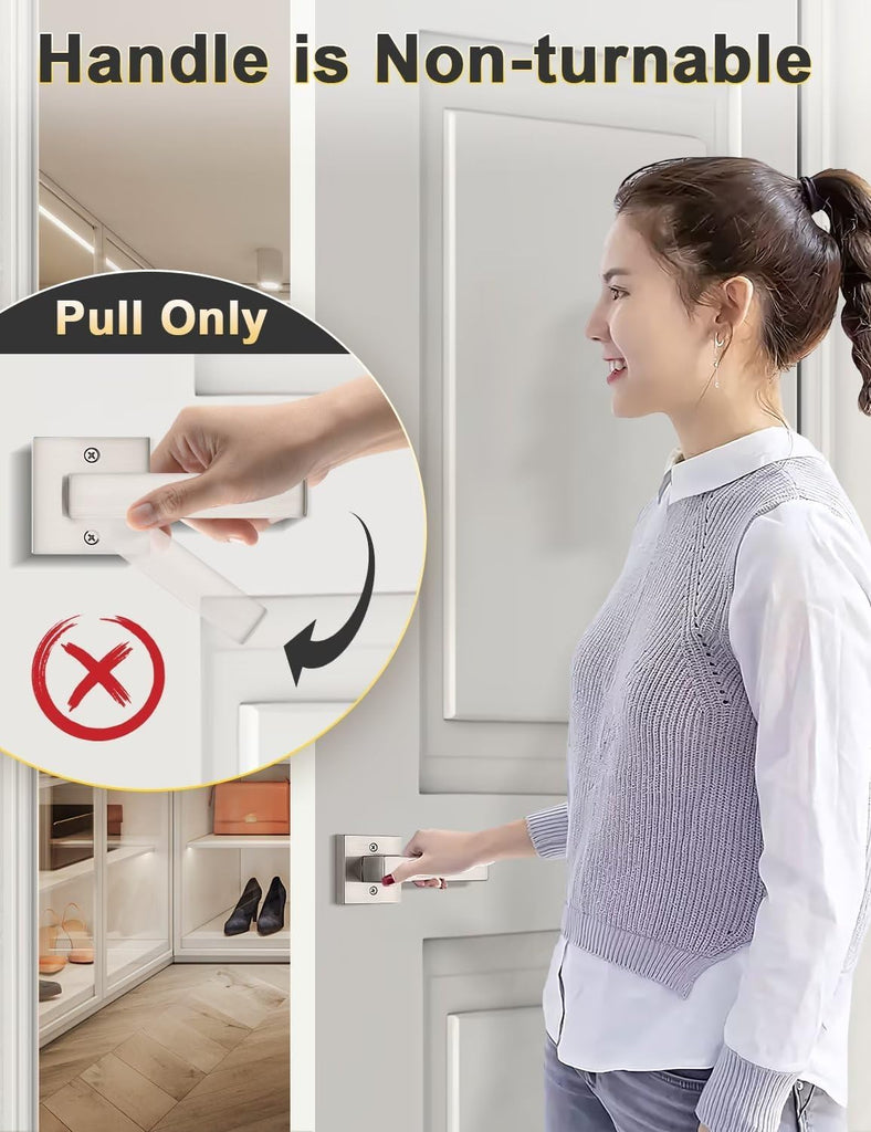 Dummy Door Handle Brushed Nickel for Left Hand and Right Hand, Mordern Square Closet Hallway Door Knob, Non-Turning