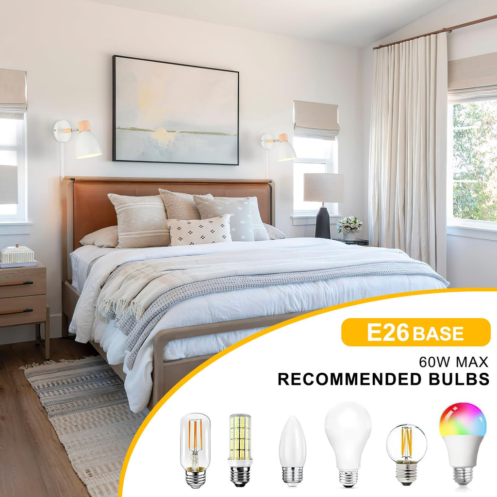Wall Sconces Plug in, Swing Arm Wall Lamp with Power Cord, White Plug in Wall Lighting Fixtures Set of Two, Bedside
