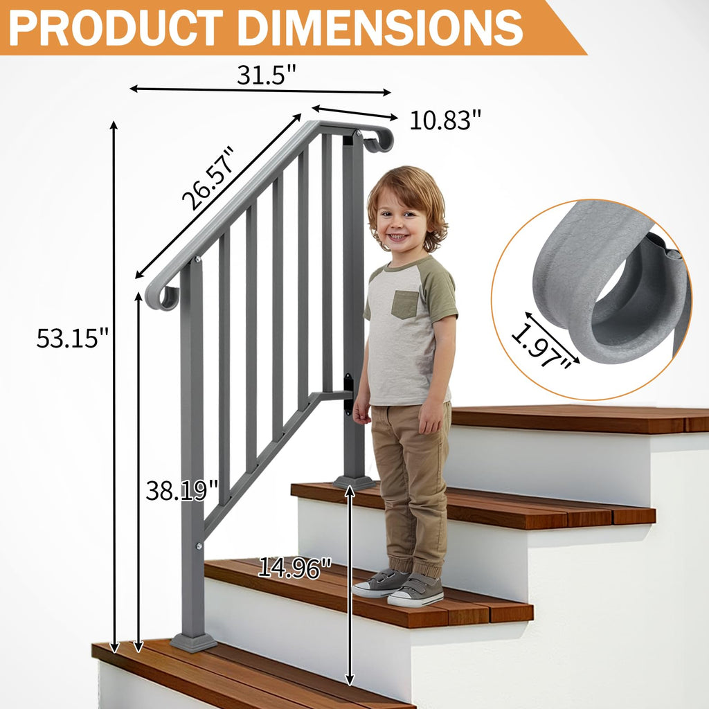 Handrails for Outdoor Steps, Stair Handrail Fits 1 to 5 Steps, Wrought Iron Hand Rail Stair Railing Kit for