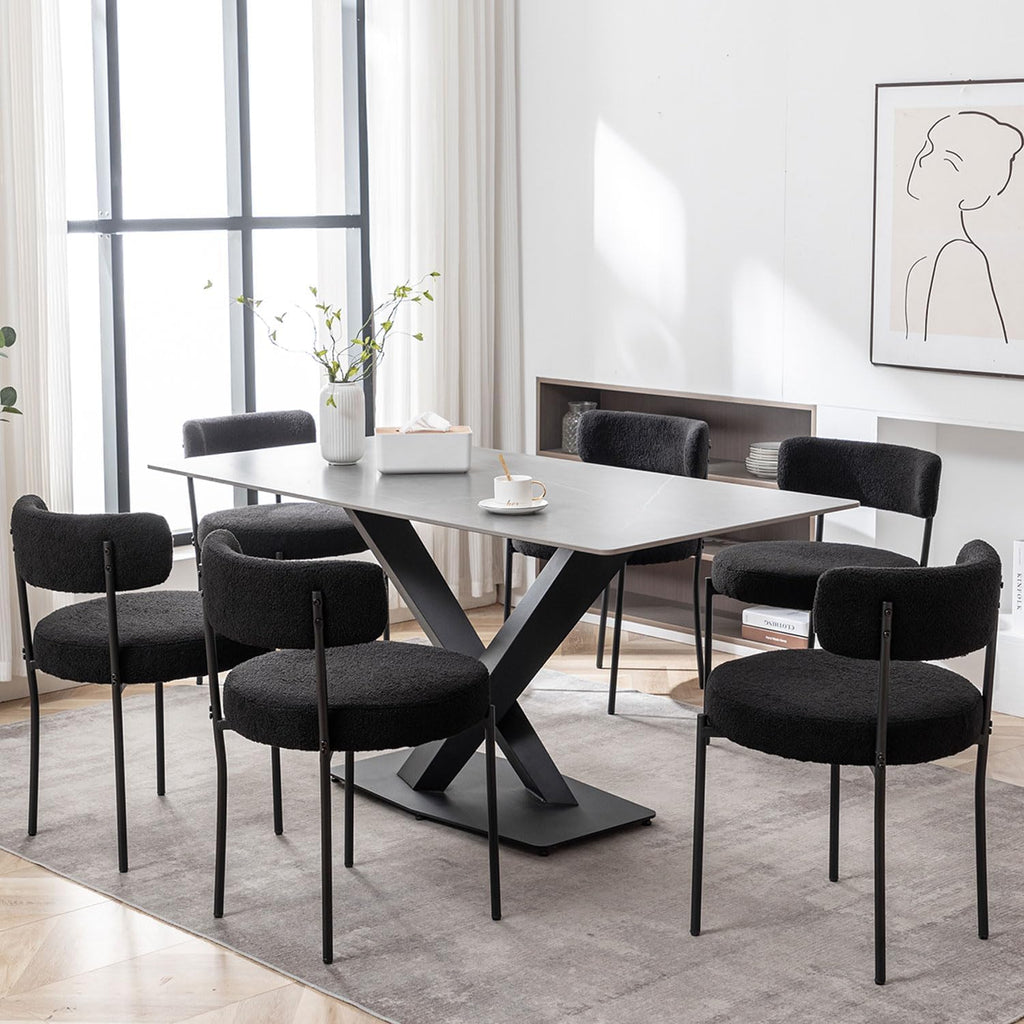 Black Boucle Set of 4, Upholstered with Black Metal Legs, Round Modern Dining Chair