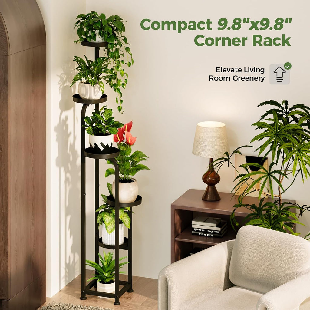 Tall Plant Stand Indoor Outdoor Corner Metal Flower Pot Stands | 5 Tier Black Heavy Duty Plant Shelf for Multiple